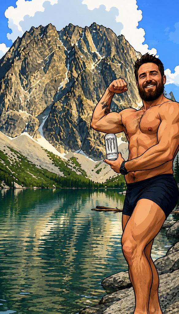 Jobey Wan Kenobi posing by an alpine lake and mountain backdrop